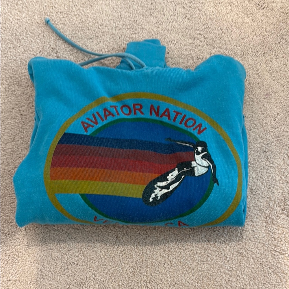 Aviator Nation Teal Hoodie with Rainbow Graphic